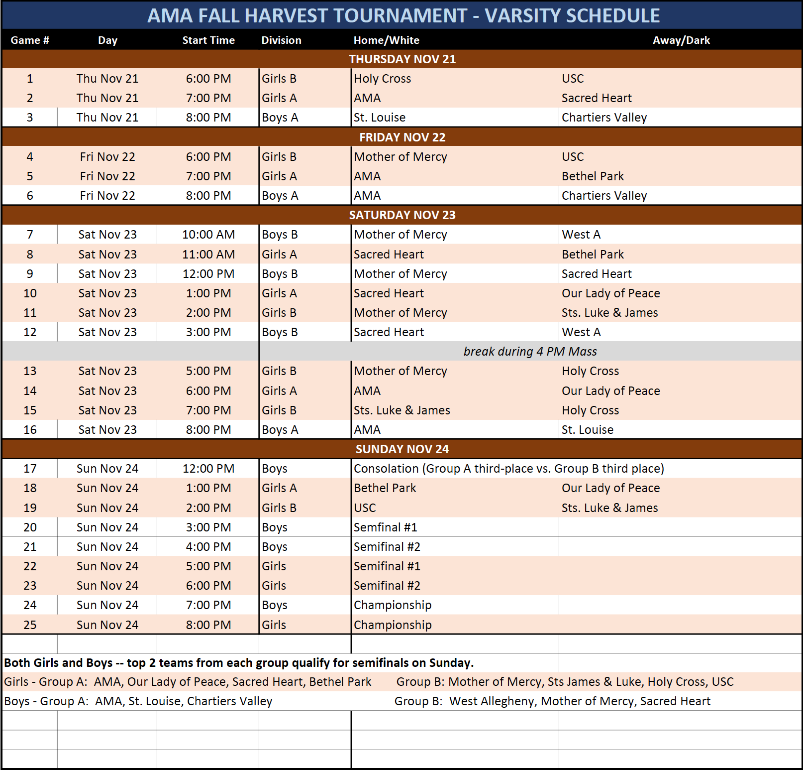 2024 Varsity Fall Harvest Schedule